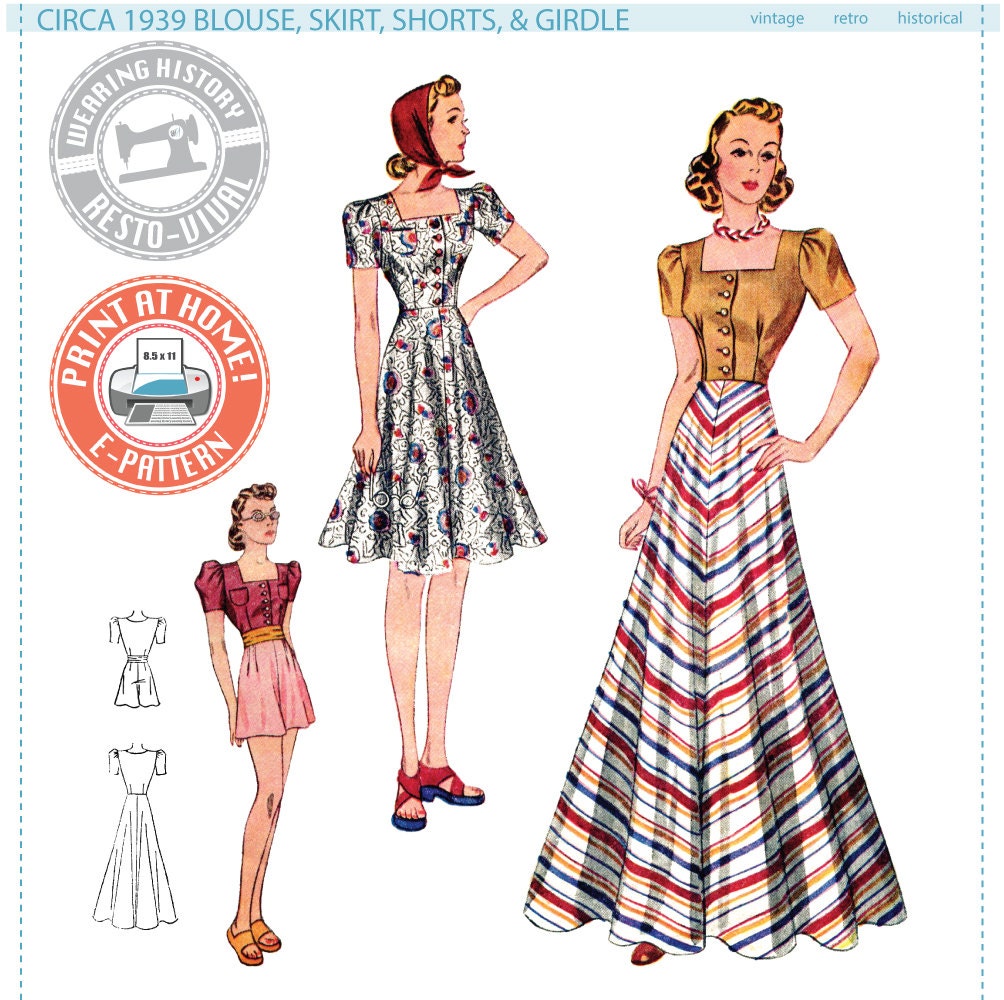 E-PATTERN- Circa 1939 Blouse, Skirt, Shorts & Girdle- Bust 30-40 –  Wearing History