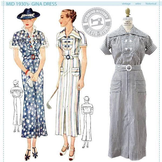 PRINTED PATTERN- Mid 1930's Gina Dress Pattern- Wearing History Sewing Pattern 1930s 30s-