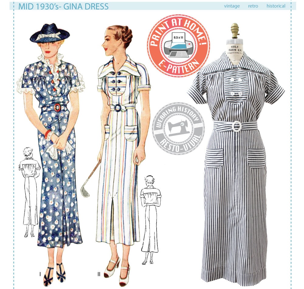 E-PATTERN-Mid 1930's Gina Dress Pattern- BUST 30"-42" Wearing History E-PATTERN-Mid 1930's Gina Dress Pattern- BUST 30"-42" Wearing History