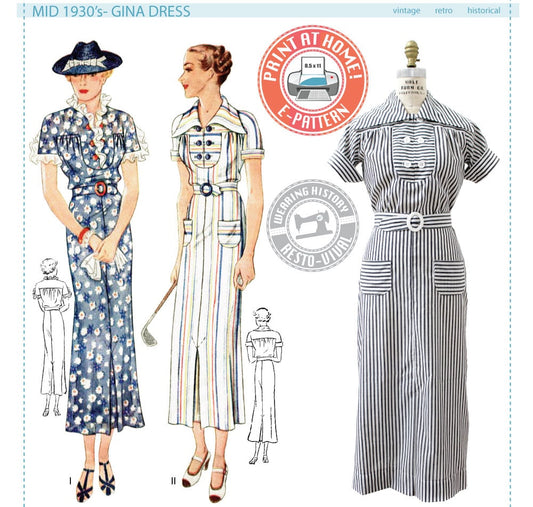 E-PATTERN-Mid 1930's Gina Dress Pattern- BUST 30"-42"