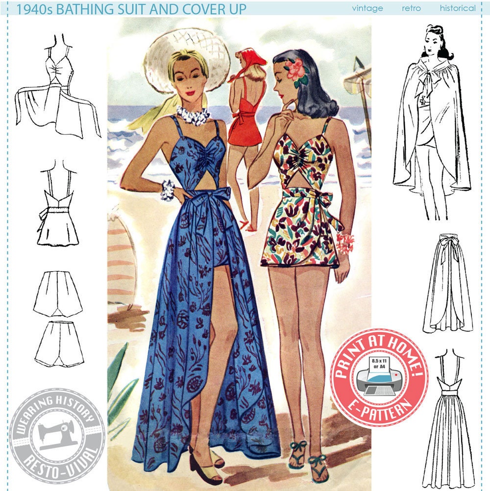 E-PATTERN Early 1940S Bathing Suit & Skirt Cover Up- SIZE 30" Bust