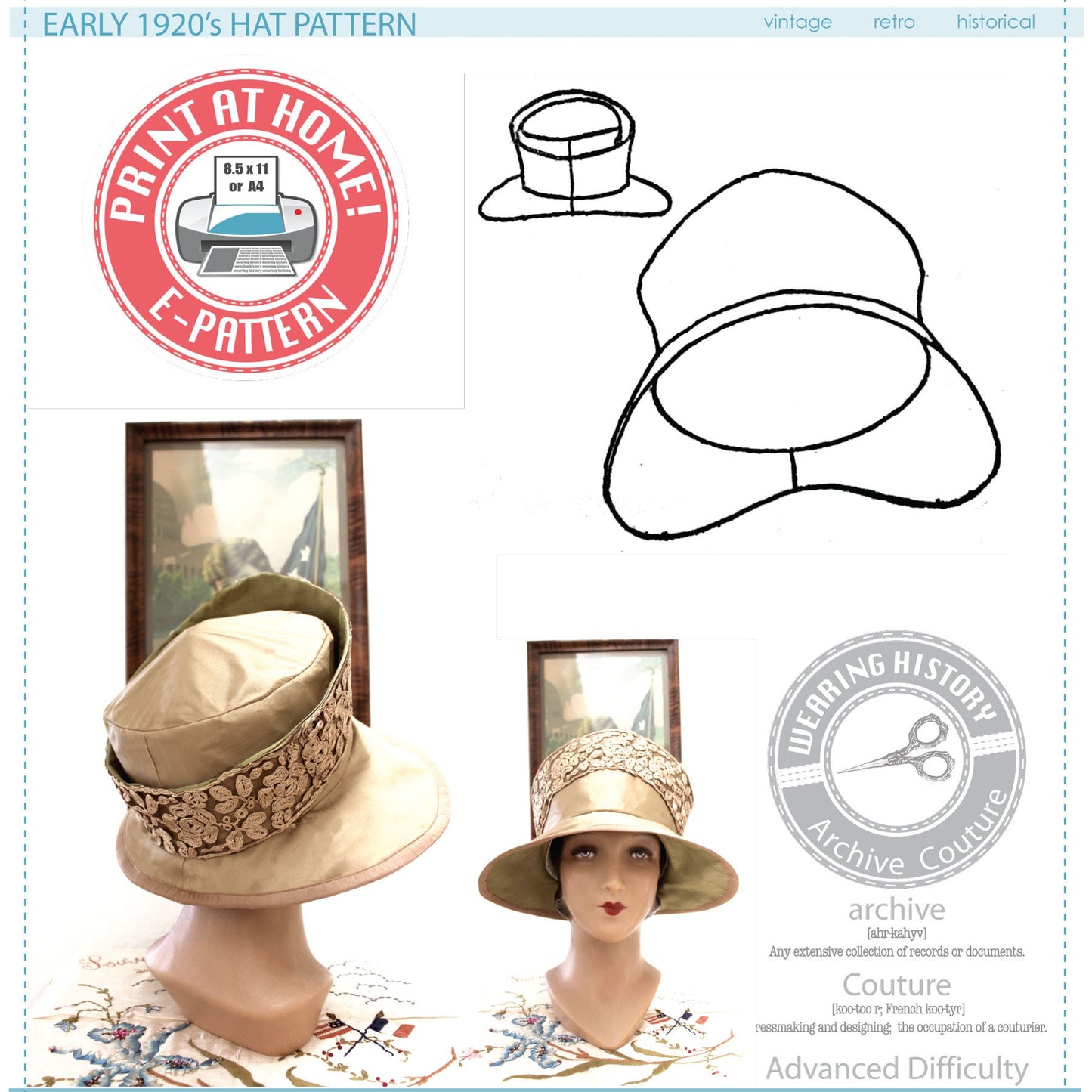 E-PATTERN Early 1920s Hat Pattern- Size 22.5-23" Head