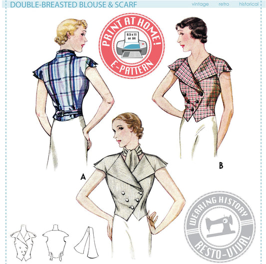 E-Pattern- 1930s Summer Blouse Pattern- 1930s Art Deco Double Breasted - Bust 30"-42"