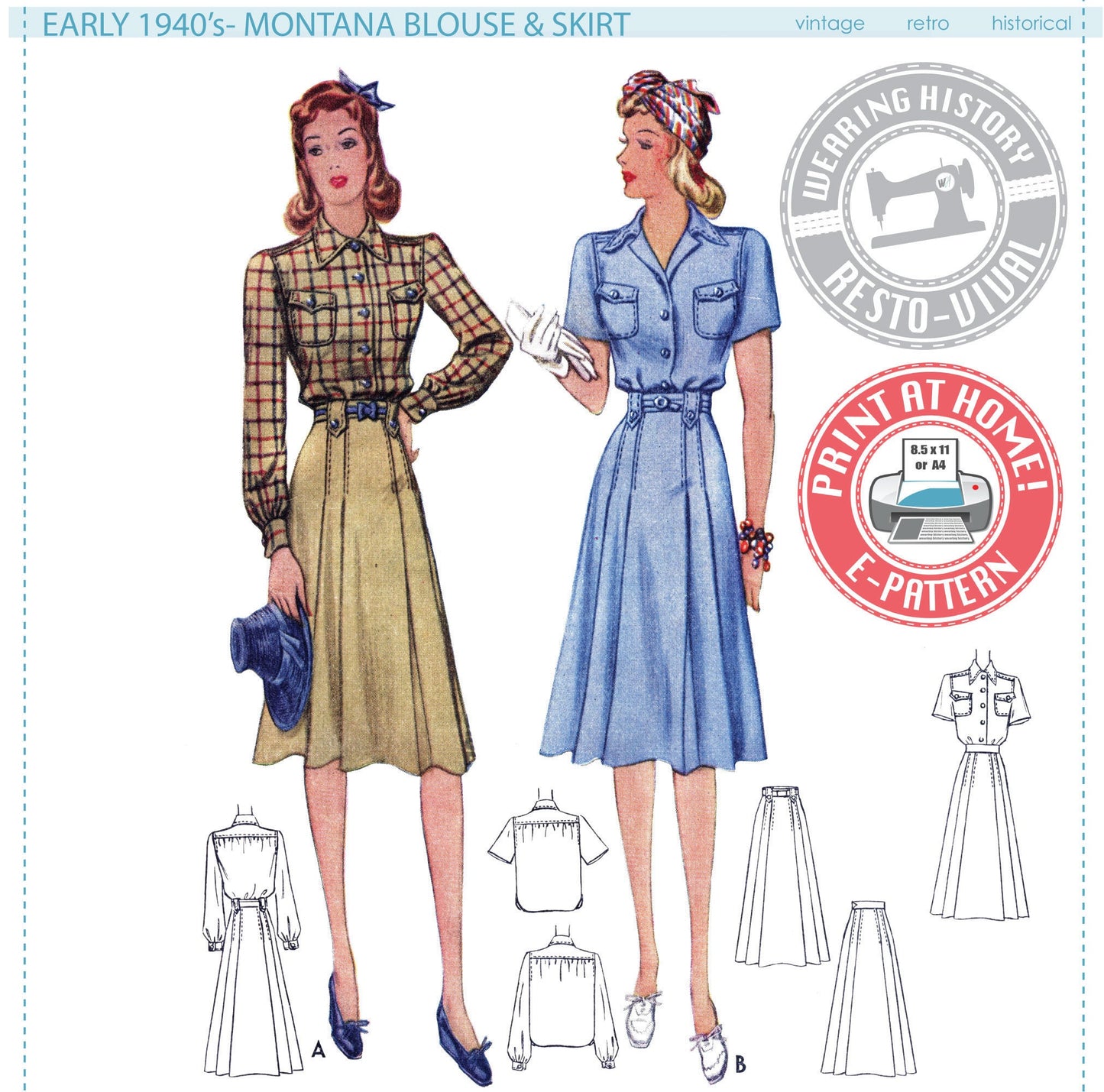 E-PATTERN- Early 1940s Montana Blouse & Skirt Pattern- Bust 30-42"