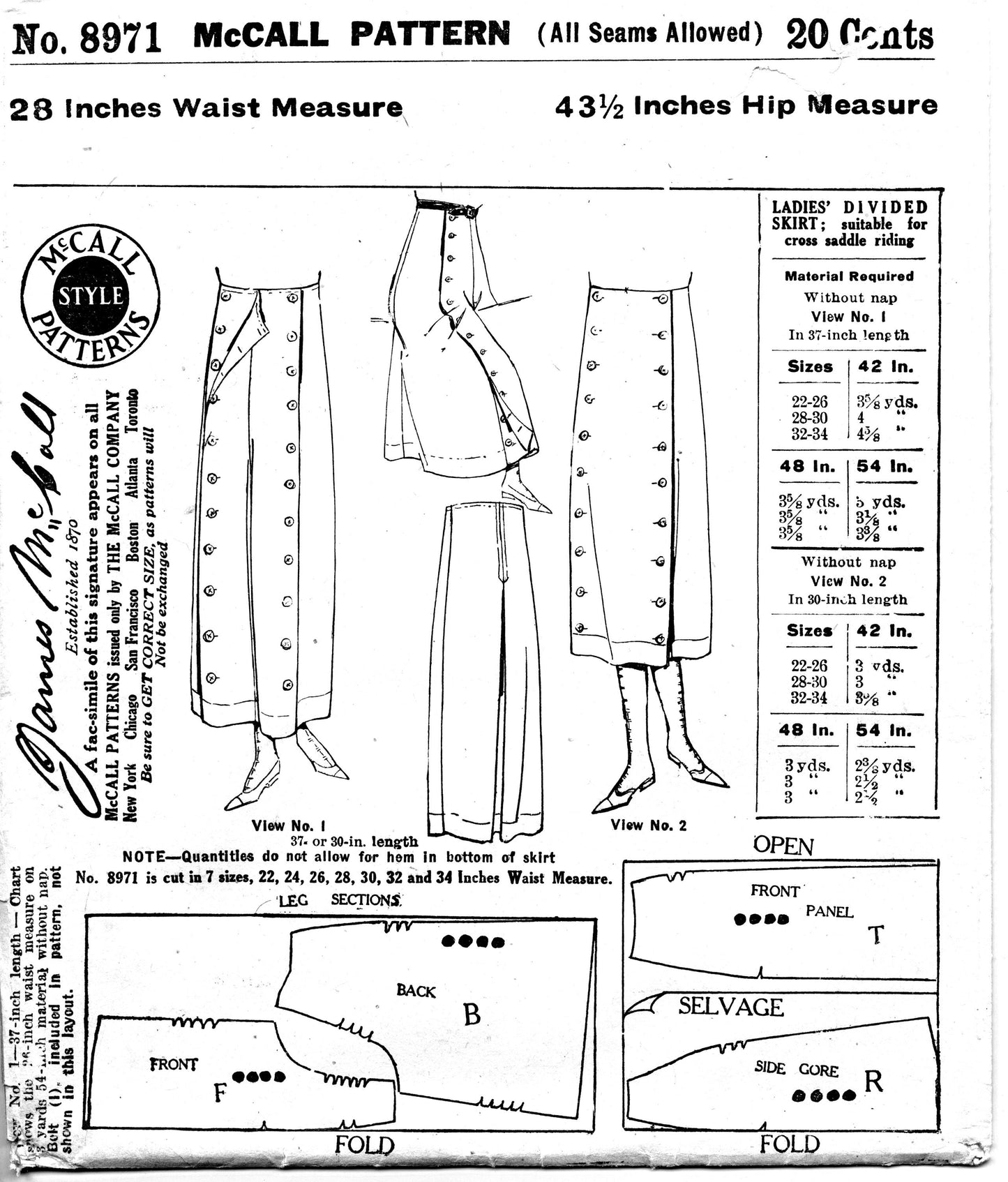E-Pattern-  1910s 1920s Riding Pants or Split Skirt- 22"-42" Waist