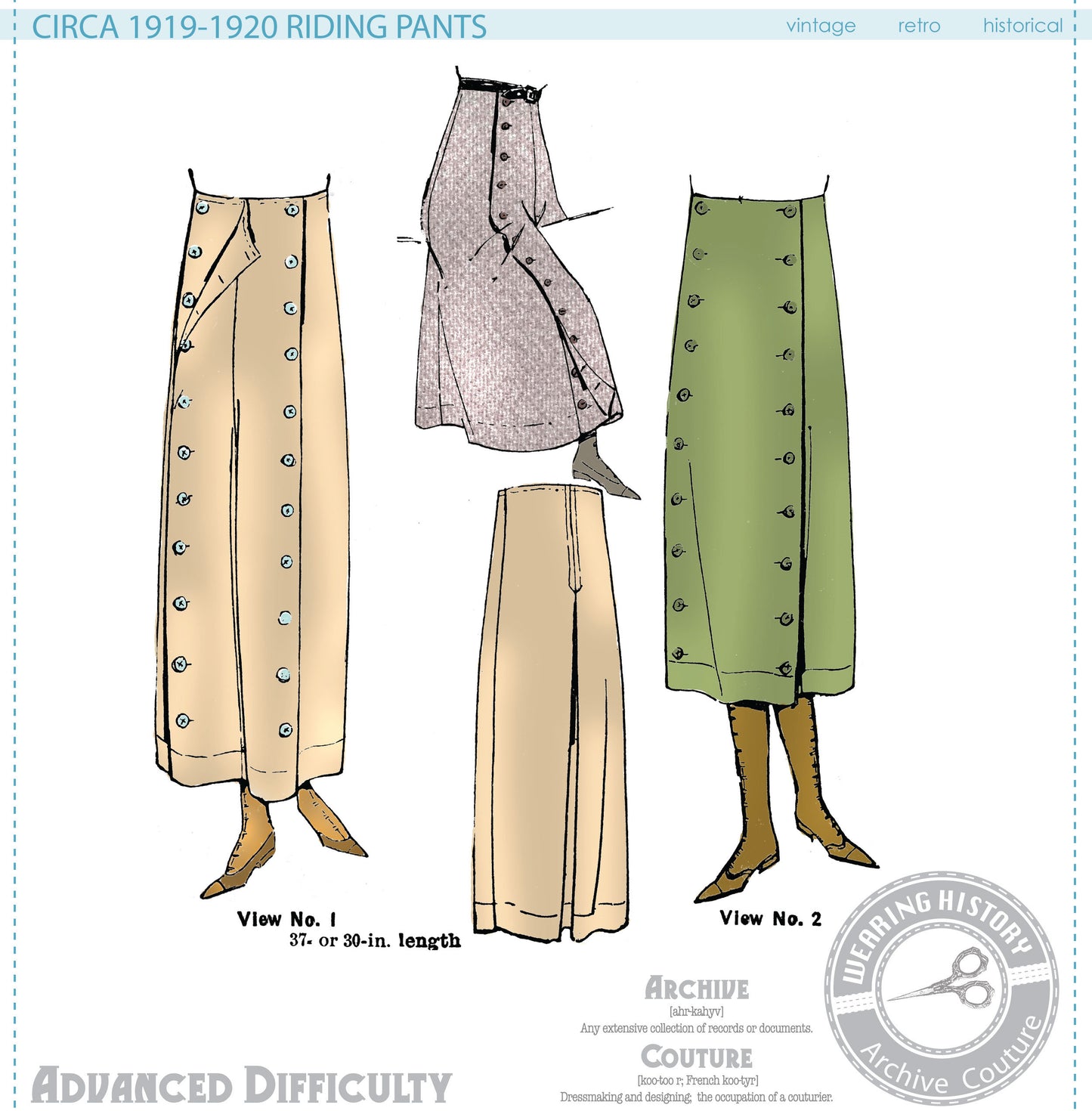 E-Pattern- 1910s 1920s Riding Pants or Split Skirt- 22"-42" Waist
