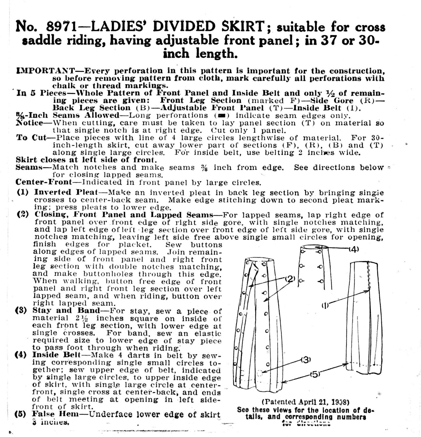 E-Pattern-  1910s 1920s Riding Pants or Split Skirt- 22"-42" Waist
