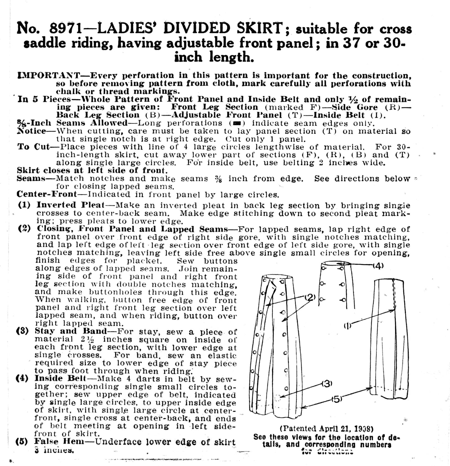 E-Pattern- 1910s 1920s Riding Pants or Split Skirt- 22"-42" Waist