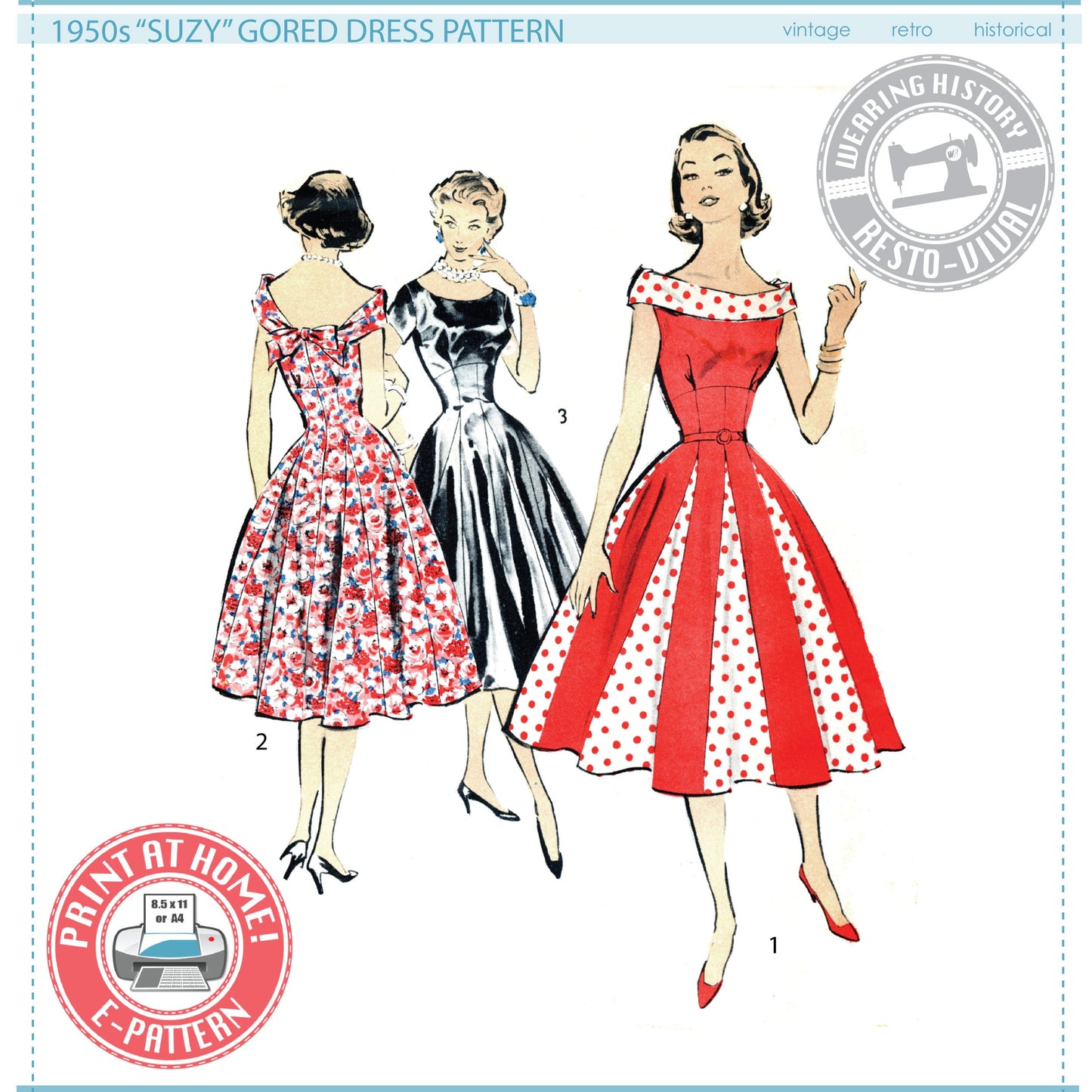 E-Pattern- 1950s "Suzy" Gored Dress Pattern- Sizes 30-42" Bust