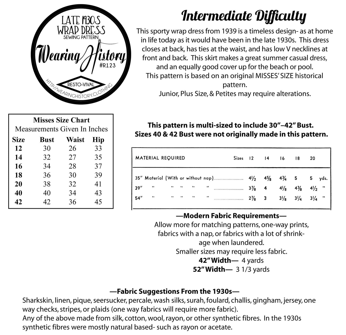 E-PATTERN- 1939 Wrap Dress Pattern- 30-42" Bust