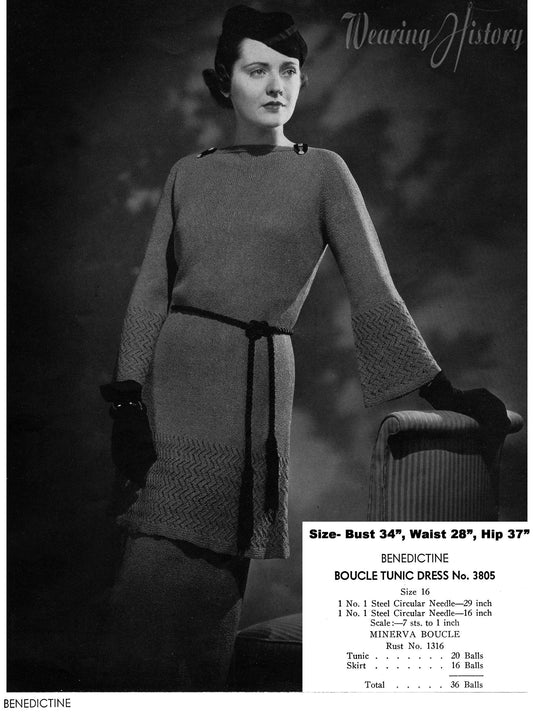 1930s 1934 Benedictine Knit Tunic Blouse and Skirt set Knitting Pattren- 34" Bust
