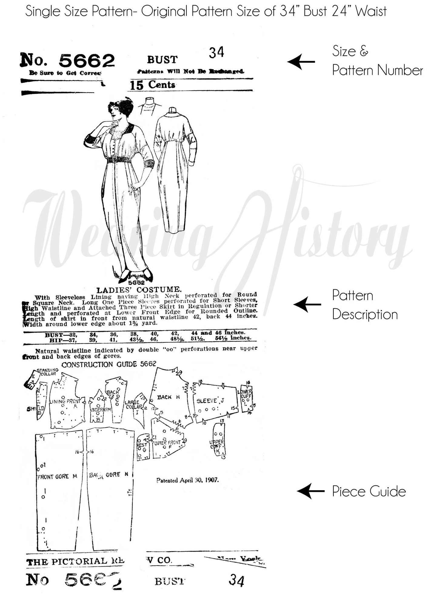 E-Pattern- Circa 1914 Dress- 1910s- WWI- Bust 34"