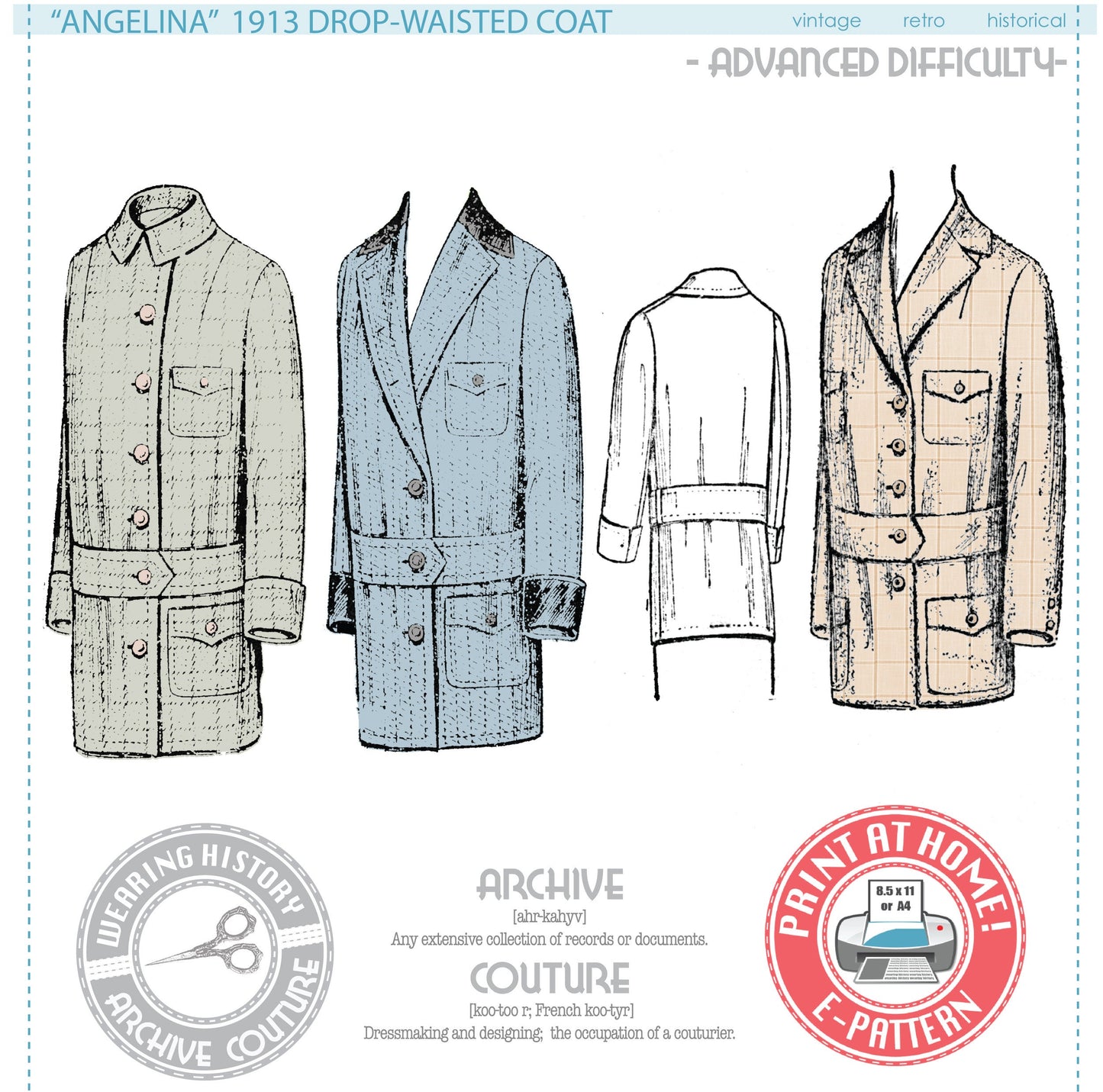 E-Pattern- 1913 Drop-Waisted Coat Jacket- Bust 34"