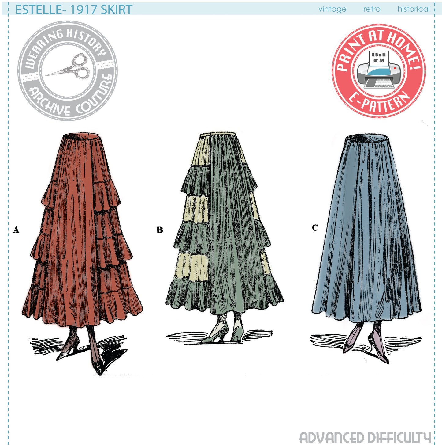 E-Pattern- 1917 Skirt with Circular Ruffles- Waist 26"