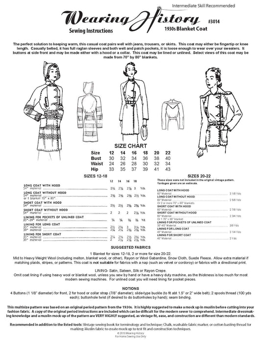 E-Pattern 1930s Blanket Coat Pattern- Bust 30"-40"