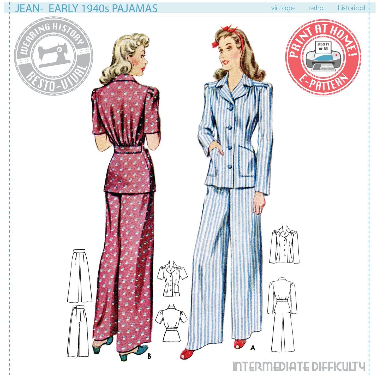 PRINTED PATTERN- 1940s "Jean" Pajama Pattern- Sizes 30-42" Bust