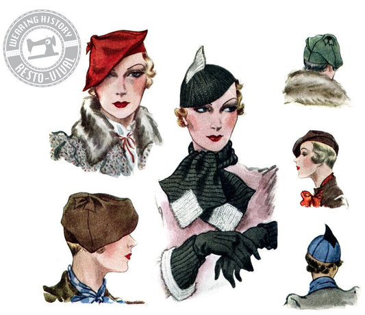 PRINTED PATTERN- Circa 1933 Hats, Scarf, & Gauntlet Cuffs Pattern- Wearing History