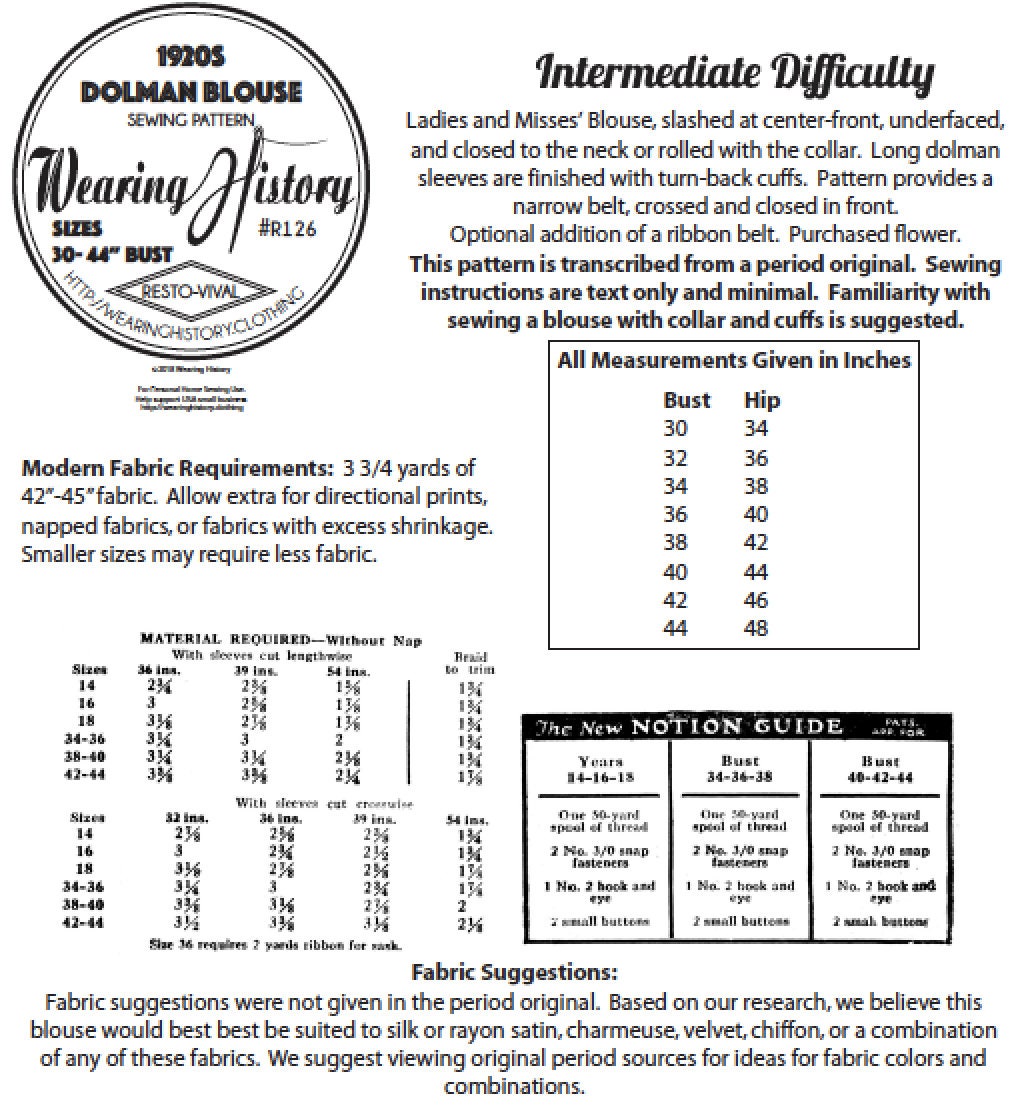 PRINTED PATTERN- 1920s Dolman Sleeve Blouse Pattern
