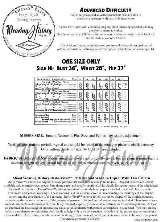 PRINTED PATTERN- Lillian Early 1930s Dress Pattern- Bust 34- Circa 1931