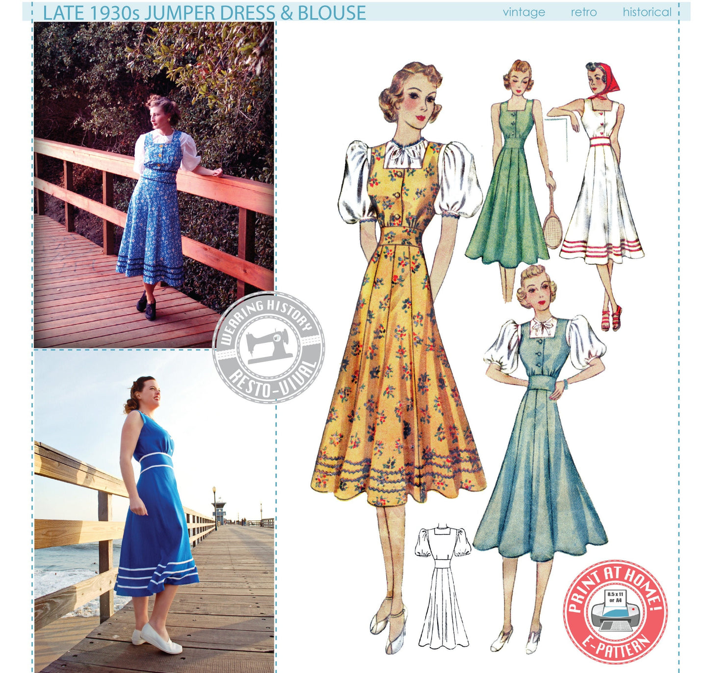 E-PATTERN- Late 1930s Jumper Dress & Blouse Pattern- 30-46" Bust