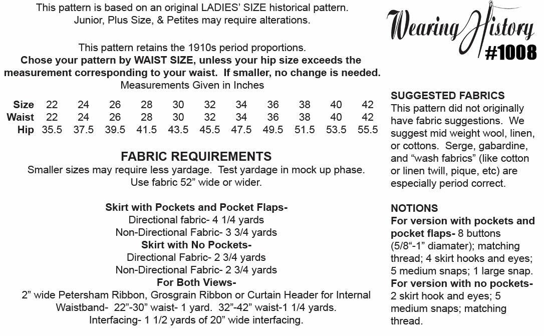 PRINTED PATTERN- Evelyn- Circa 1917 Skirt Pattern with Pockets- Wearing History