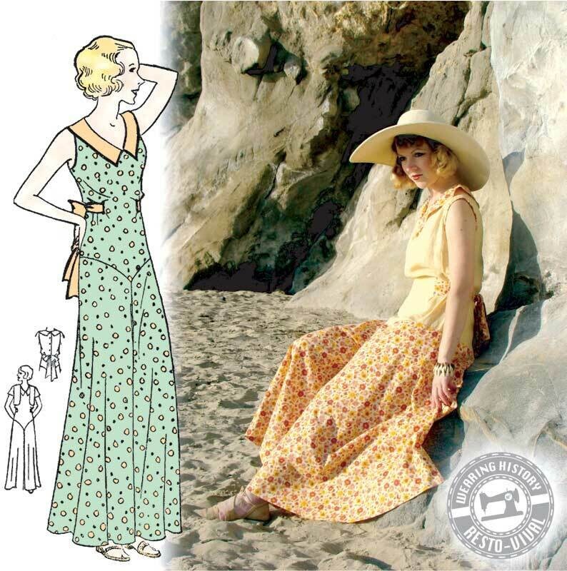 PRINTED PATTERN- Lounging at the Lido- 1930s Beach or Lounging Pajamas and  Eton Jacket- 30-46 Bust