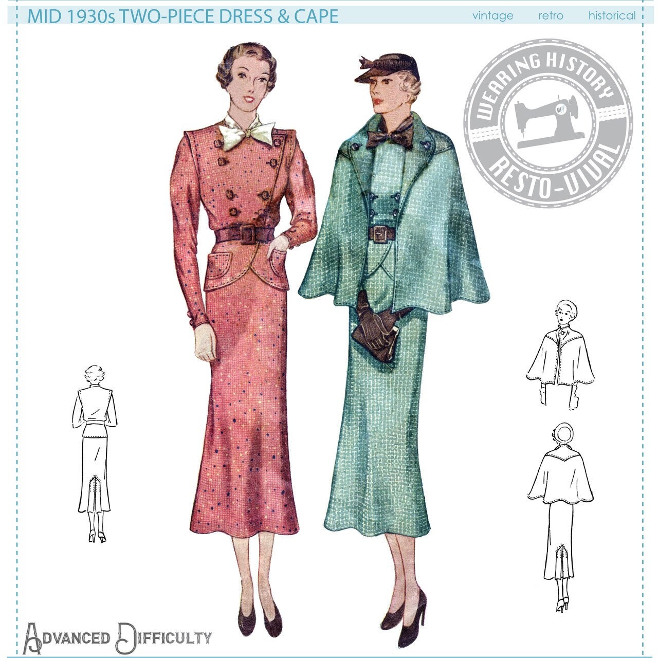 PRINTED PATTERN- Mid 1930s Blouse, Skirt & Cape Pattern- Bust 30-42"
