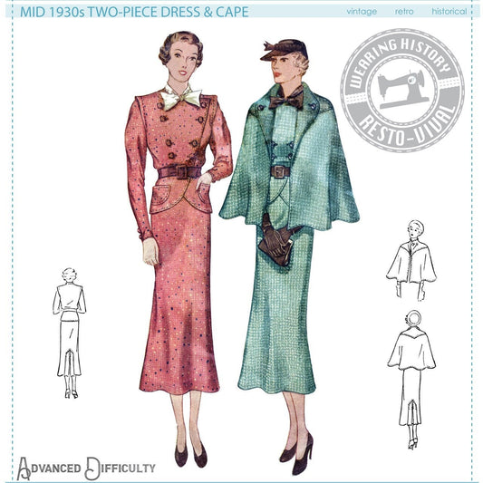 PRINTED PATTERN- Mid 1930s Blouse, Skirt & Cape Pattern- Bust 30-42"