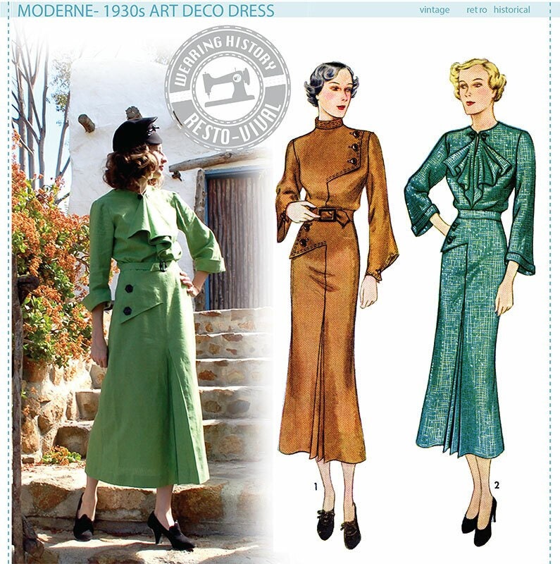 PRINTED PATTERN- Moderne- 1930s Art Deco Dress Pattern- 30"-40" Bust Wearing History PRINTED PATTERN- Moderne- 1930s Art Deco Dress Pattern- 30"-40" Bust Wearing History