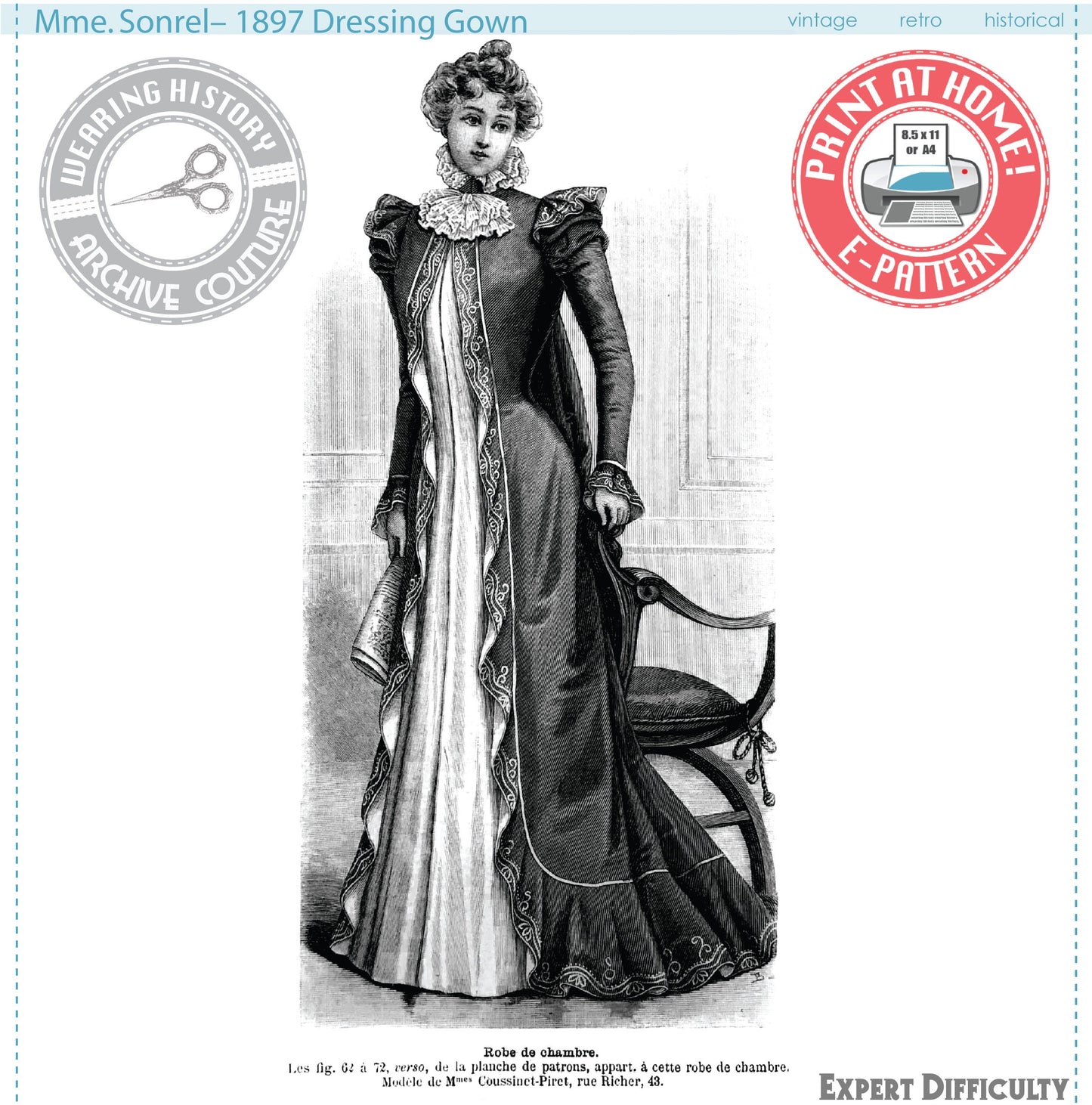 E-Pattern- 1890s Victorian Dressing Gown- Tea Gown- Wrapper- Bust 37"