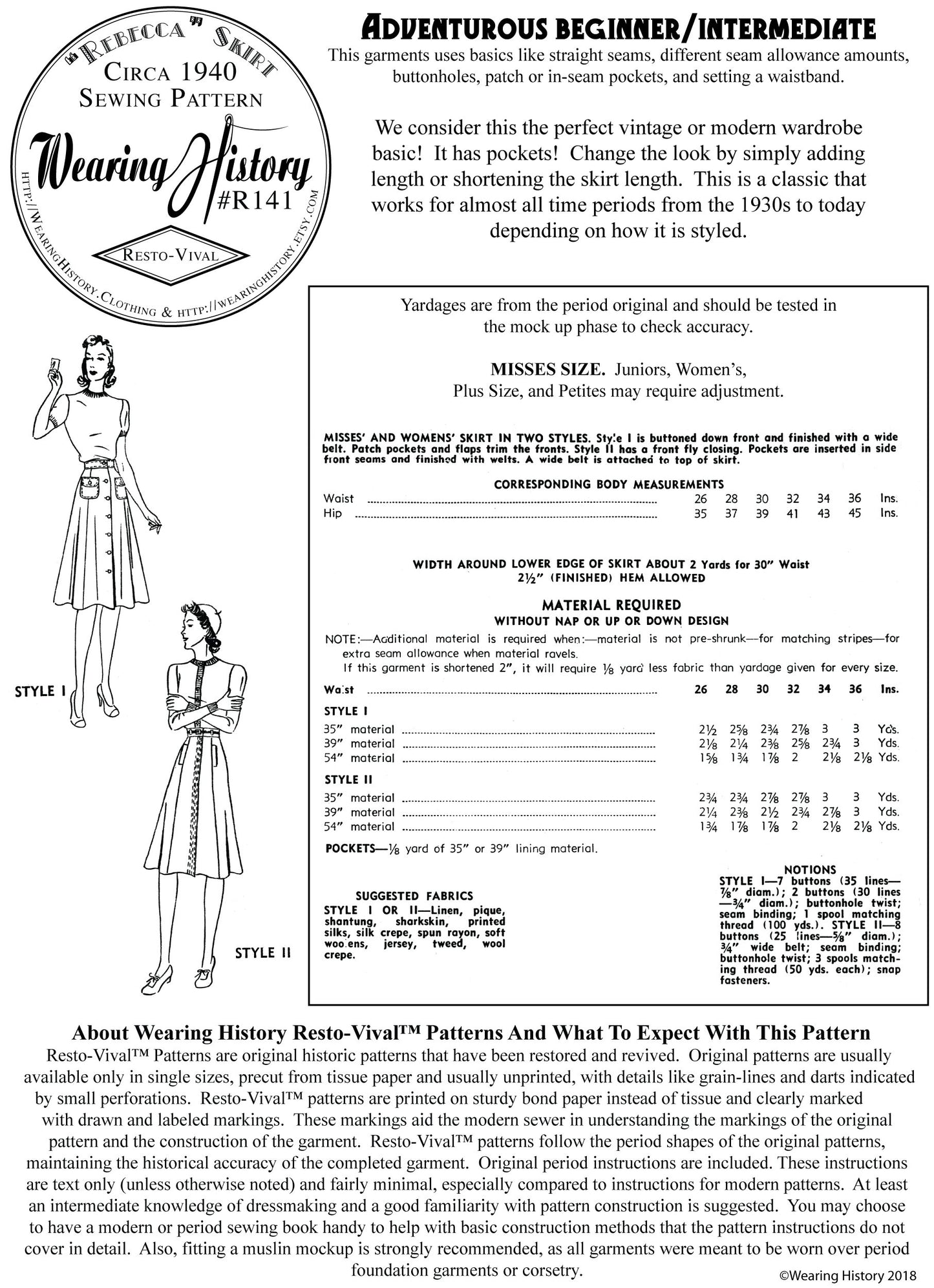 PRINTED PATTERN- 1940s "Rebecca" Skirt Pattern- Sizes 26-36" Waist