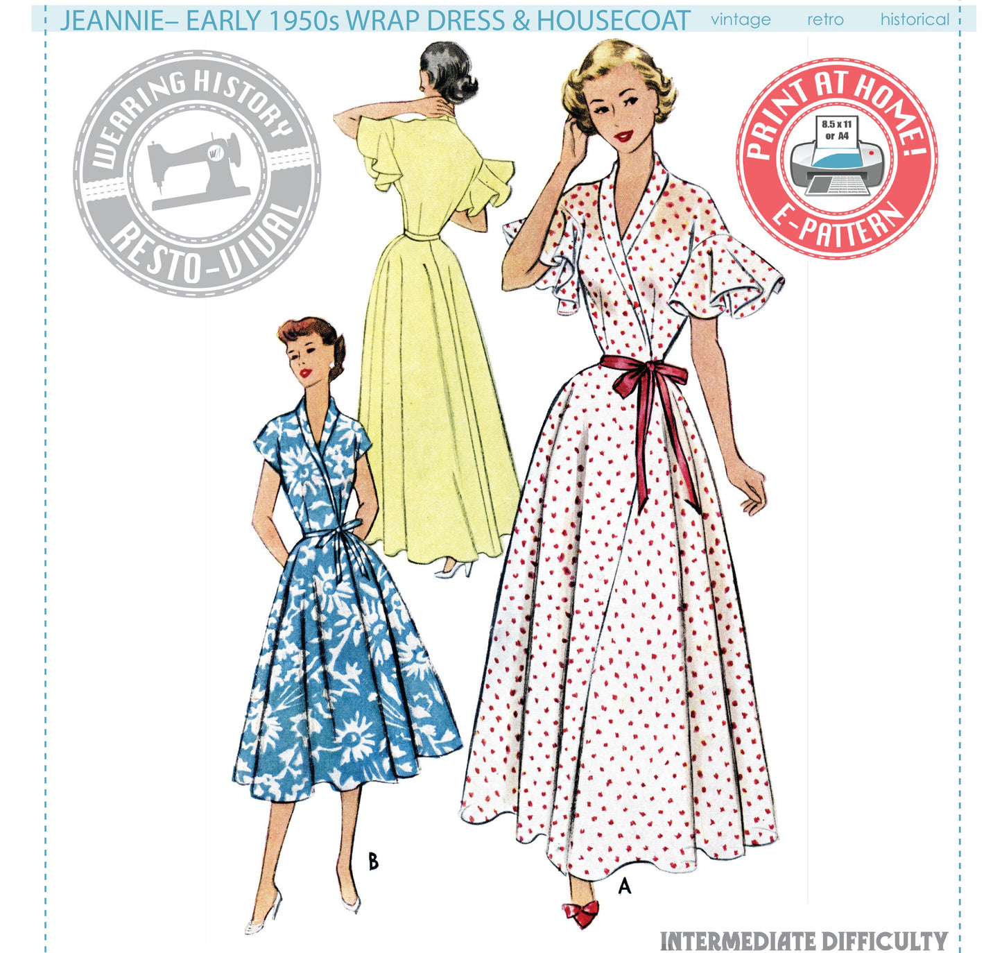 E-Pattern- 1950s "Jeannie" Wrap Dress & House Coat Pattern- Sizes 30-46" Bust