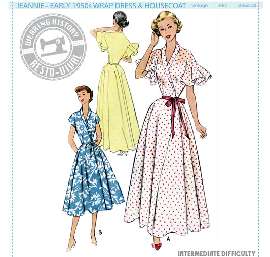 PRINTED PATTERN- 1950s "Jeannie" Wrap Dress & House Coat Pattern- Sizes 30-46" Bust