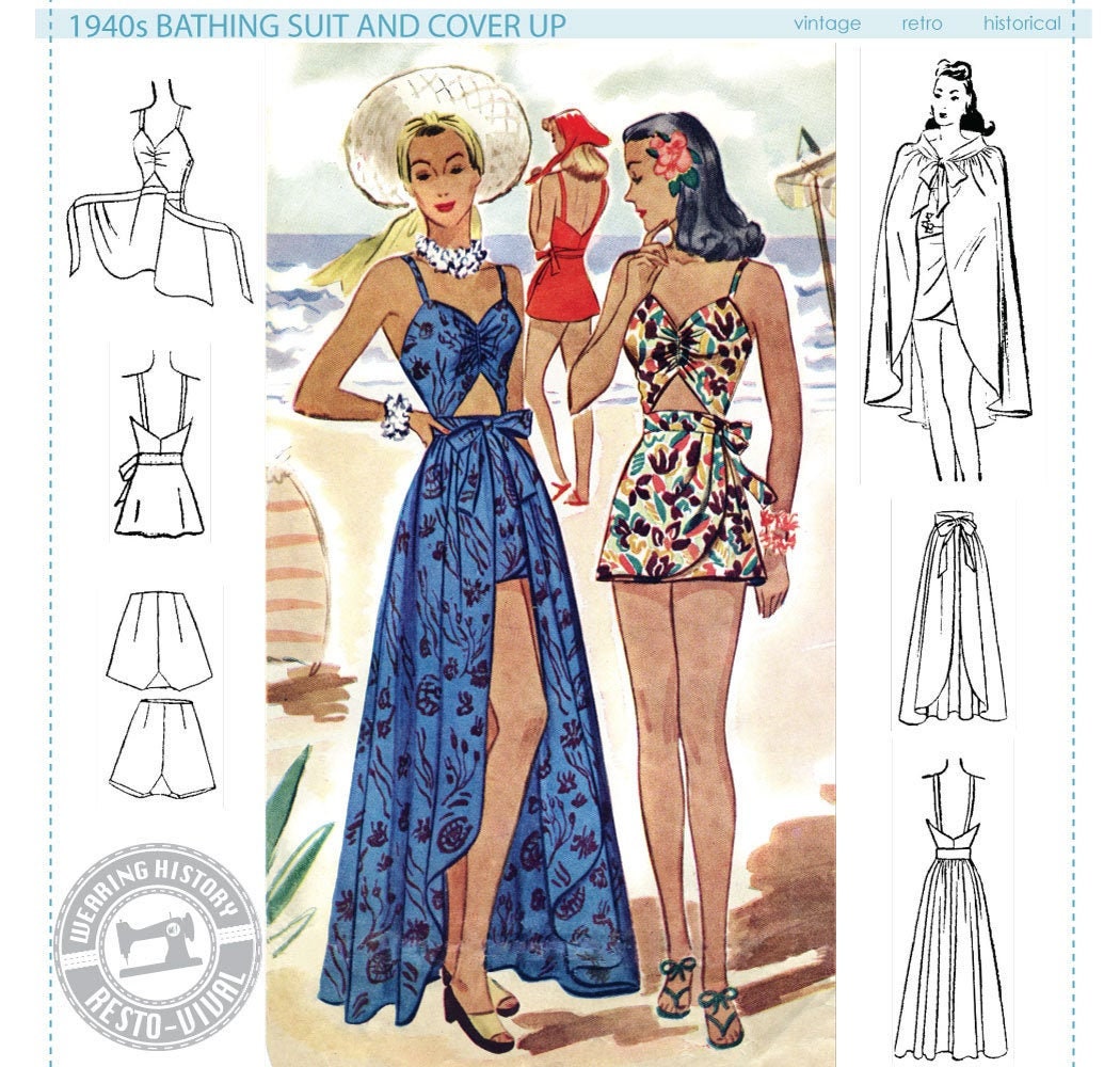 PRINTED PATTERN Early 1940S Bathing Suit & Skirt Cover Up- Size 30" Bust
