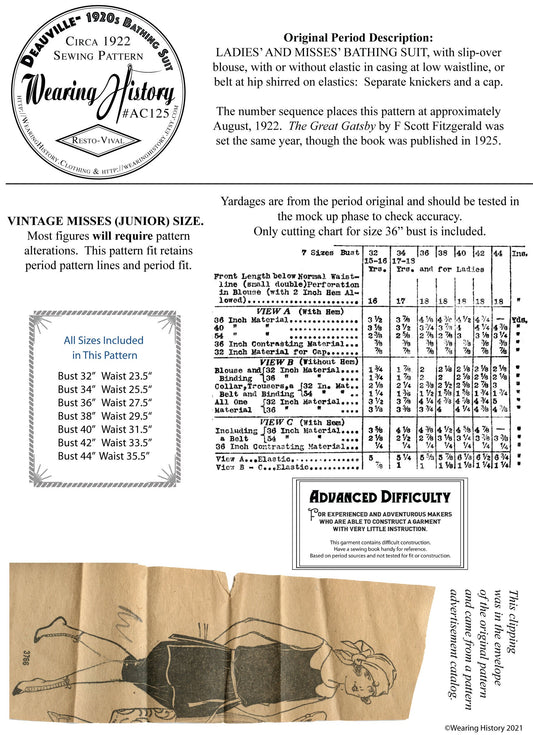 PRINTED PATTERN- Deauville 1920s Bathing Suit and Cap- 32"-44" Bust