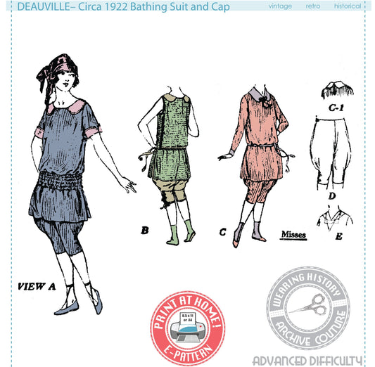 E-PATTERN- Deauville 1920s Bathing Suit and Cap- Bust 32"-44"