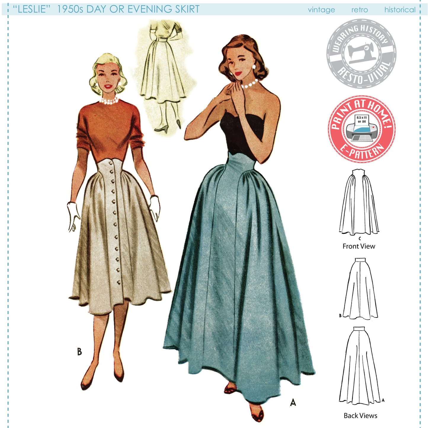 E-Pattern- 1950s "Leslie" Skirt Pattern- in Misses or Extended Size- Waist 26"-48"