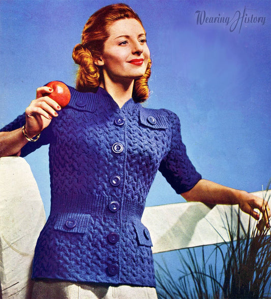 1940s Knitting- Sporty Short Sleeve Button Up Sweater- Size 14 16, Bust 32 34