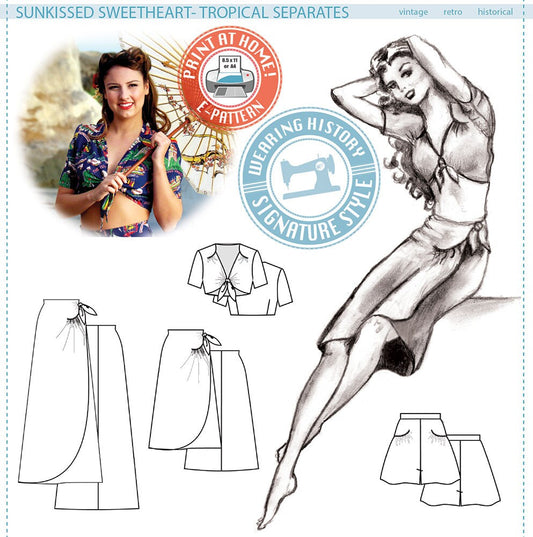 E-PATTERN- Sunkissed Sweetheart- 1940s Sarong Separates- Top, Skirt, Shorts- Bust 30"-40"