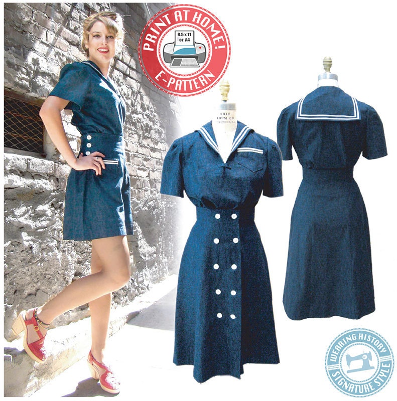 E-PATTERN- 1940s Sailor Girl Play Suit- Blouse, Shorts, Skirt- 30"-40" Bust