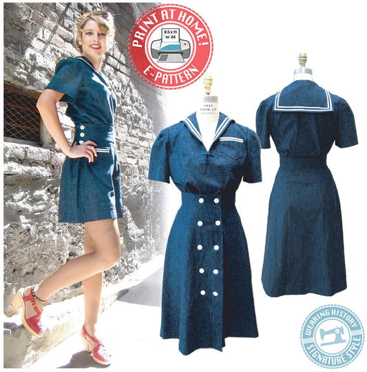 E-PATTERN- 1940s Sailor Girl Play Suit- Blouse, Shorts, Skirt- 30"-40" Bust
