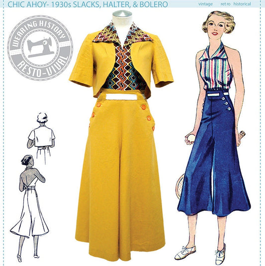 E-Pattern- Chic Ahoy- 30s Slacks, Halter, & Bolero- Bust 30"-40"