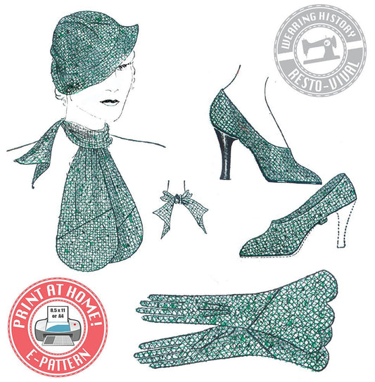 E-pattern- 1930s Accessories- Hat, Gloves, Scarf, and Spats- Size Small- Hat 21.5, Glove 5 3/4-6