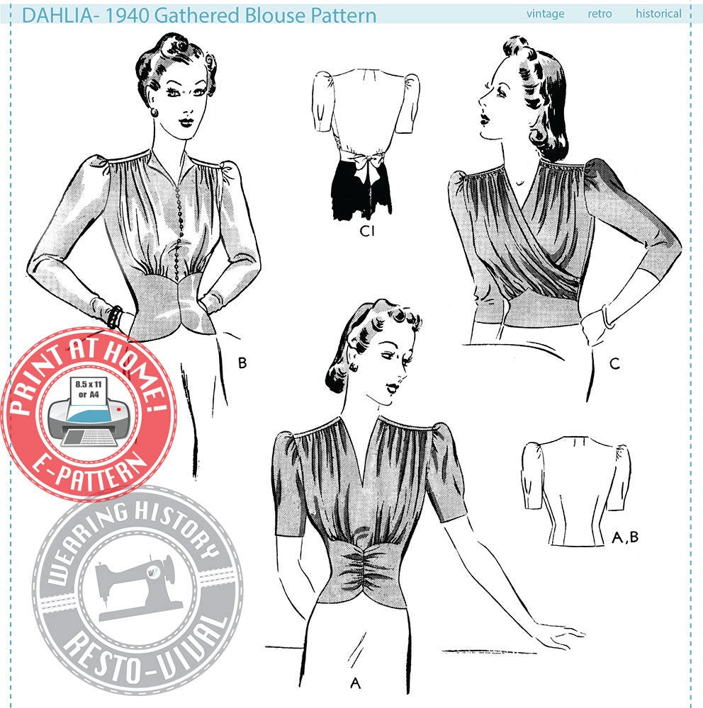 E-Pattern- Dahlia- 1940s Gathered Blouse- 30"-46" Bust