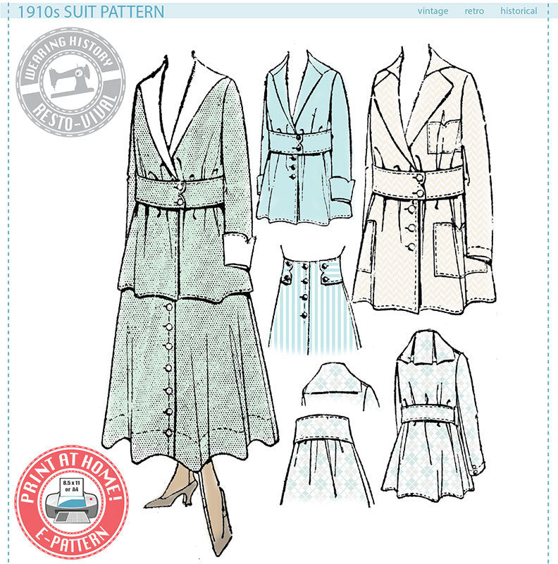 E-Pattern- 1910s Suit- Circa 1916- Jacket & Skirt- Bust 34"-46", Waist 24"-36"