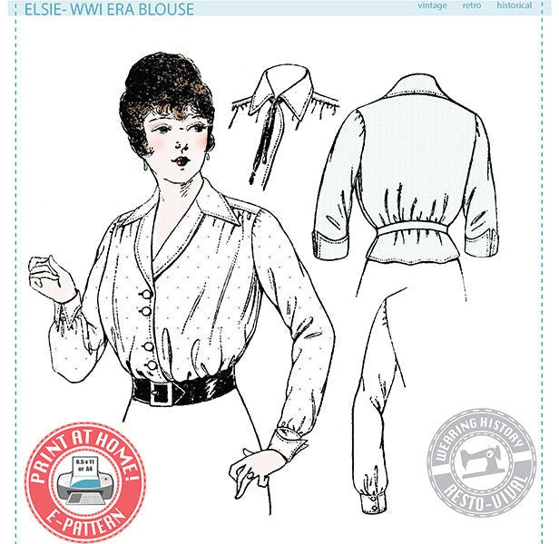 E-Pattern- Elsie- 1910s WWI Era Blouse - Bust 32"-48"