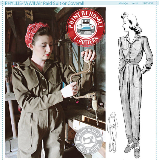 E-PATTERN- Phyllis- 1940s WWII 1940s Air Raid Suit or Coverall- Bust 30"-42"