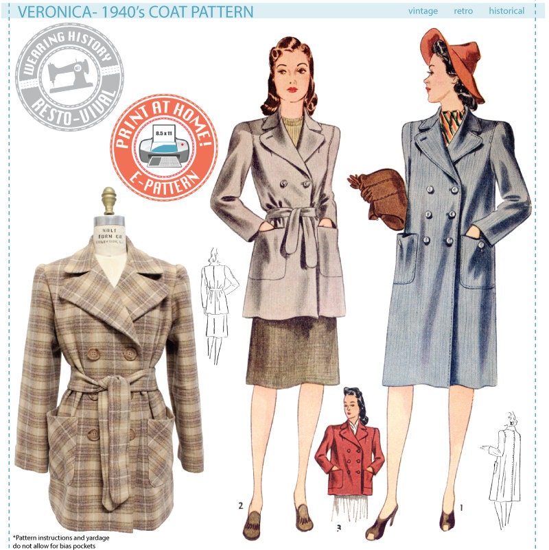 E-Pattern- Veronica 1940s Coat - Bust 30"-42" Wearing History E-Pattern- Veronica 1940s Coat - Bust 30"-42" Wearing History