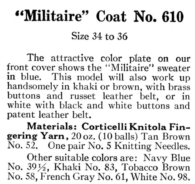 1910s WWI Military Inspired Sweater Coat Knitting Pattern- 34"-36" Bust