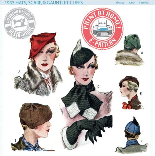 E-Pattern- 1933 Accessories- Hats, Scarf, Gauntlet Cuffs– Size 22" Head